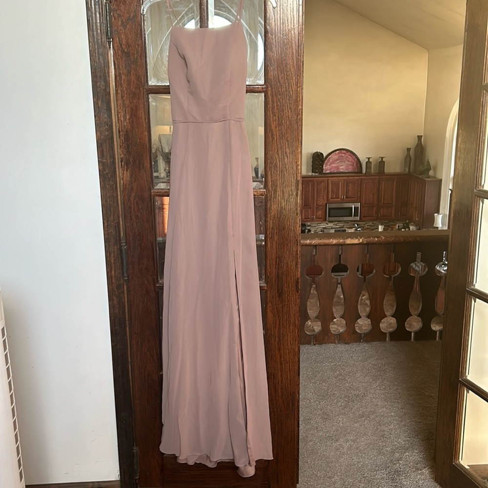 Tan colored dress for wedding or prom. Brand Kennedy Blue. Worn once.